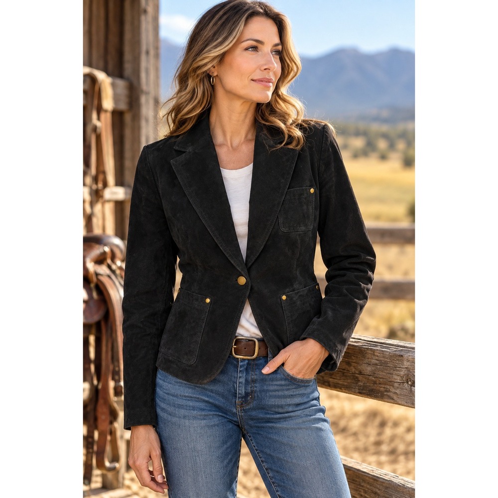 Vintage Black Suede Leather Blazer Jacket Women M Western Brass Stud Pockets